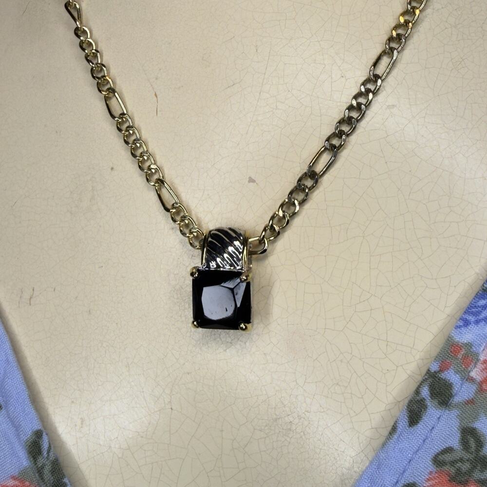 18K Gold Plated Chain Necklace Black Onyx Pendant Emerald Cut Vintage